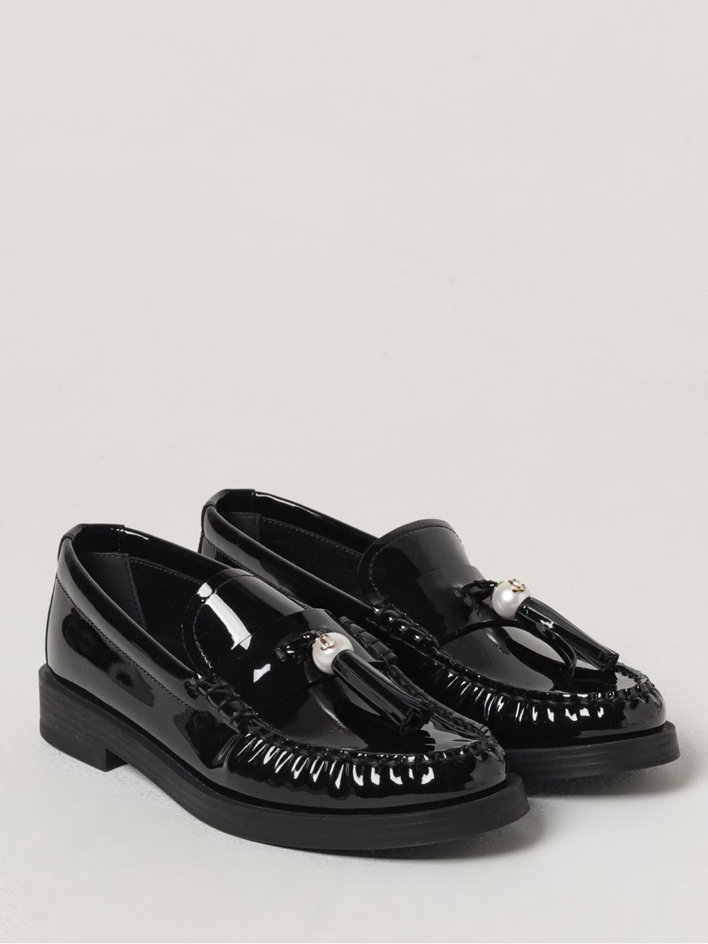 Jimmy Choo Addie Patent Leather Pearl Tassel Loafers Size 37 1/2 Preppy Luxury